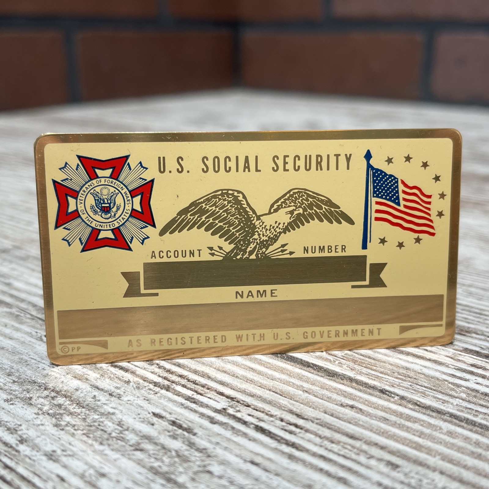 Vintage Metal V.F.W. Social Security ID Card Name Plate Veterans Of Foreign Wars