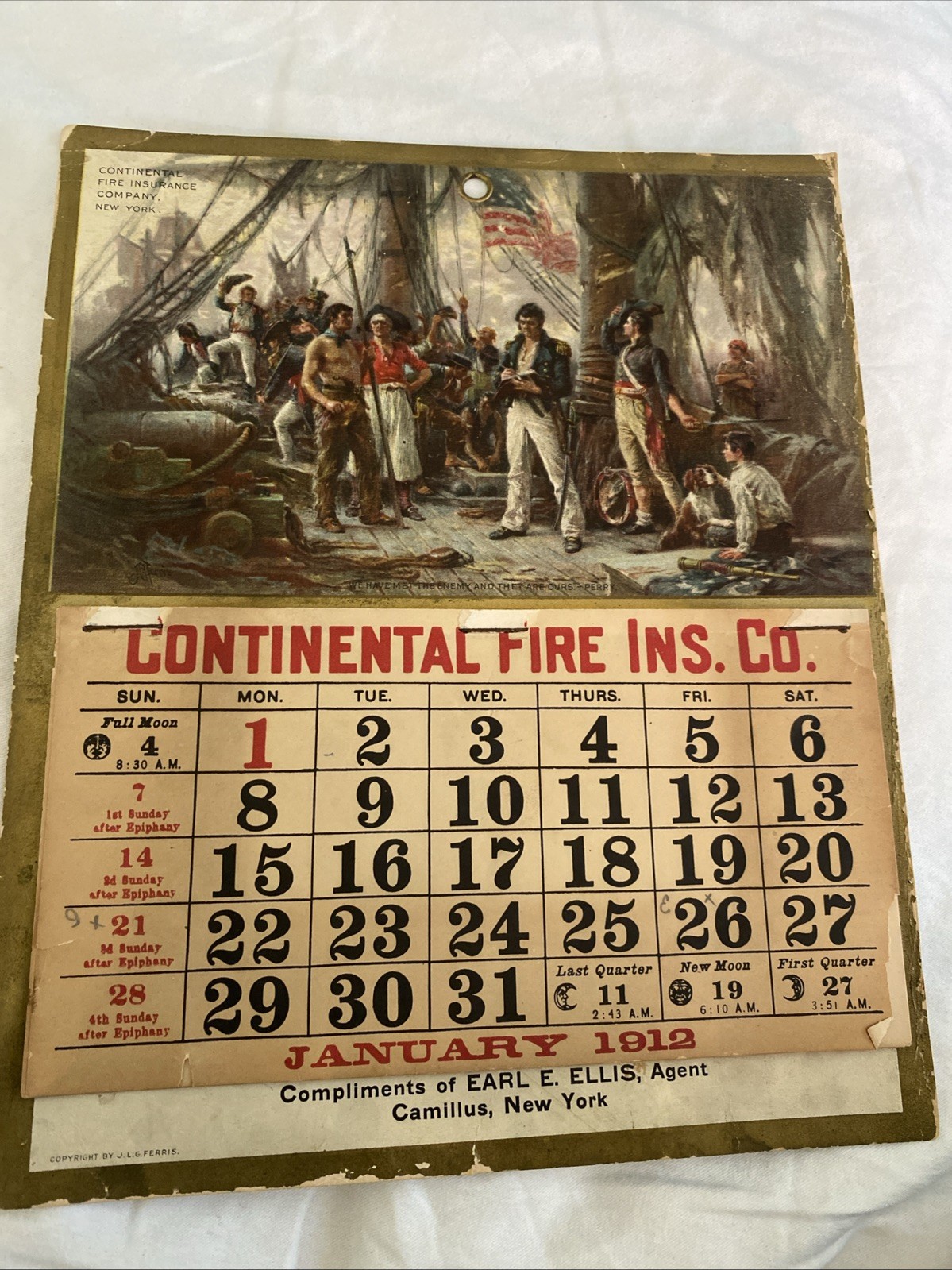 1912 Continental Fire Ins Company Calendar Featuring Oliver Hazard Perry