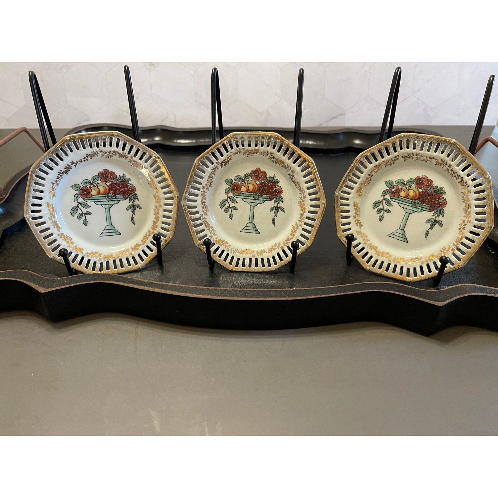 Vintage Germany Porcelain Reticulated Nut Dishes Set of 3 Fruit Gold Trim 202 Vintage Germany Porcelain Reticulated Nut Dishes Set of 3 Fruit Gold Trim 202