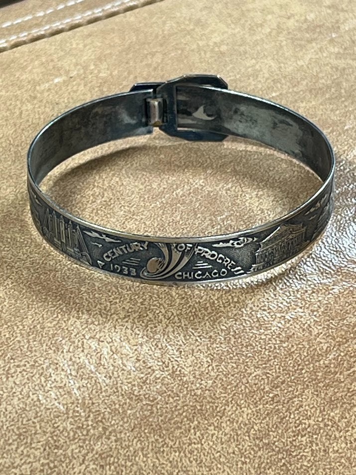 Chicago Worlds Fair 1933 Sterling Bracelet Etched City Landscape