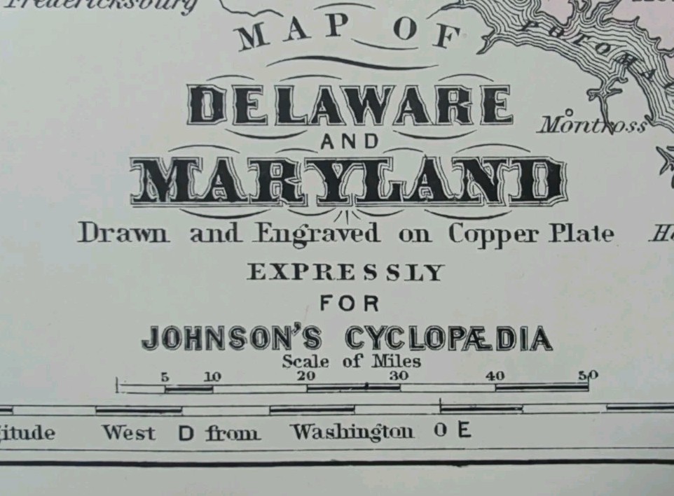 Antique 1885 DELAWARE MARYLAND Map Old Original AJ JOHNSON COPPER PLATE
