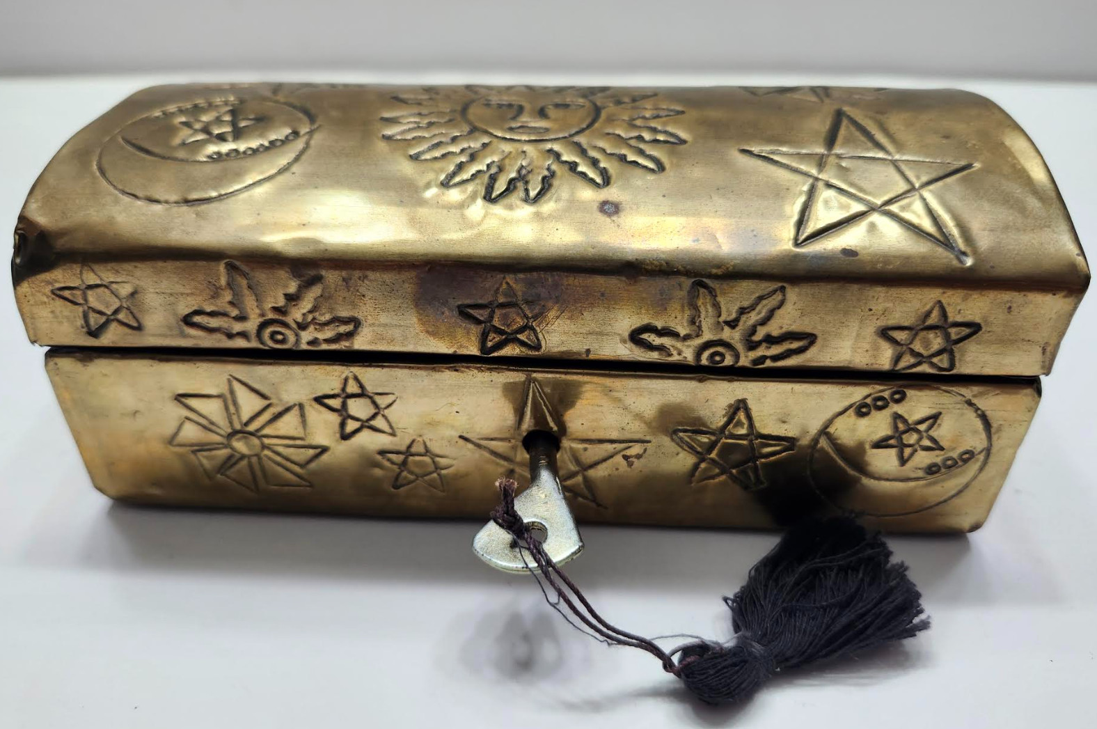 Vintage Etched Brass Celestial Sun Moon & Stars Trinket Box with Key Not Working