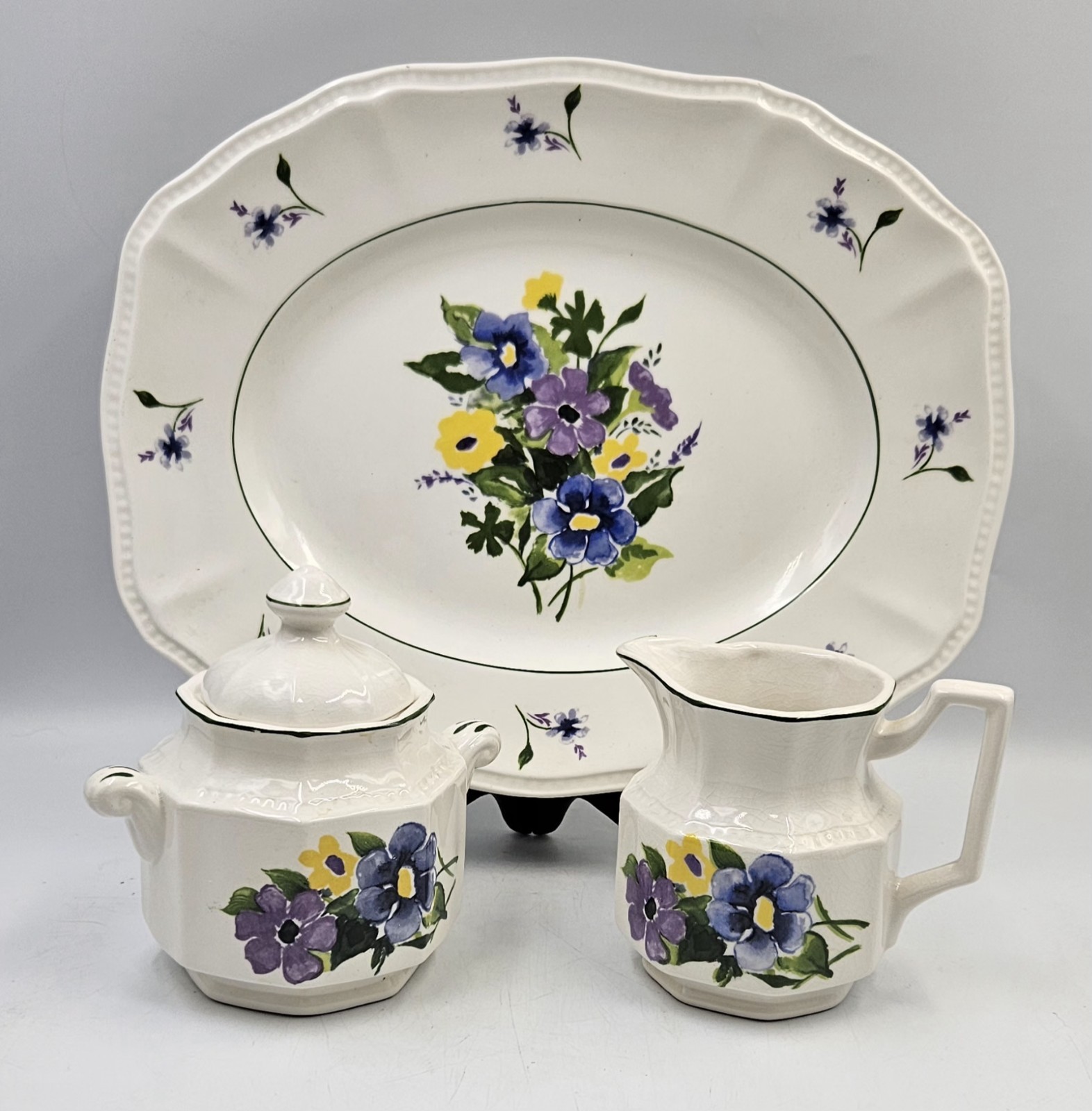 English Staffordshire Wayside Ironstone Sugar Creamer & Platter Set Vintage 