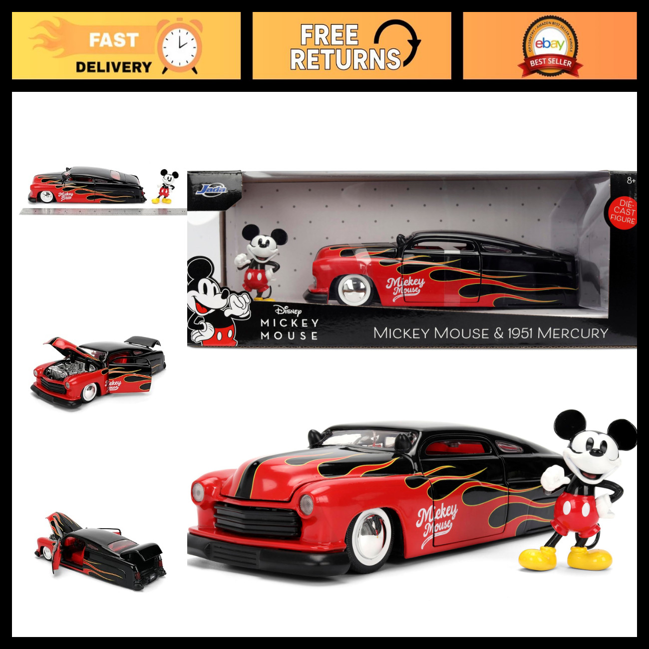 Vintage Mickey Die-Cast Car 1951 Mercury Hollywood Rides Toy - Flame Design, Col