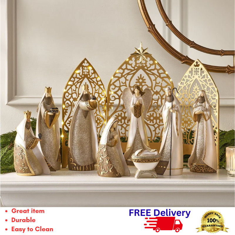 Pre-Lit 9 Piece Christmas Nativity Set LED Warm White Lighted Resin Decor Stable