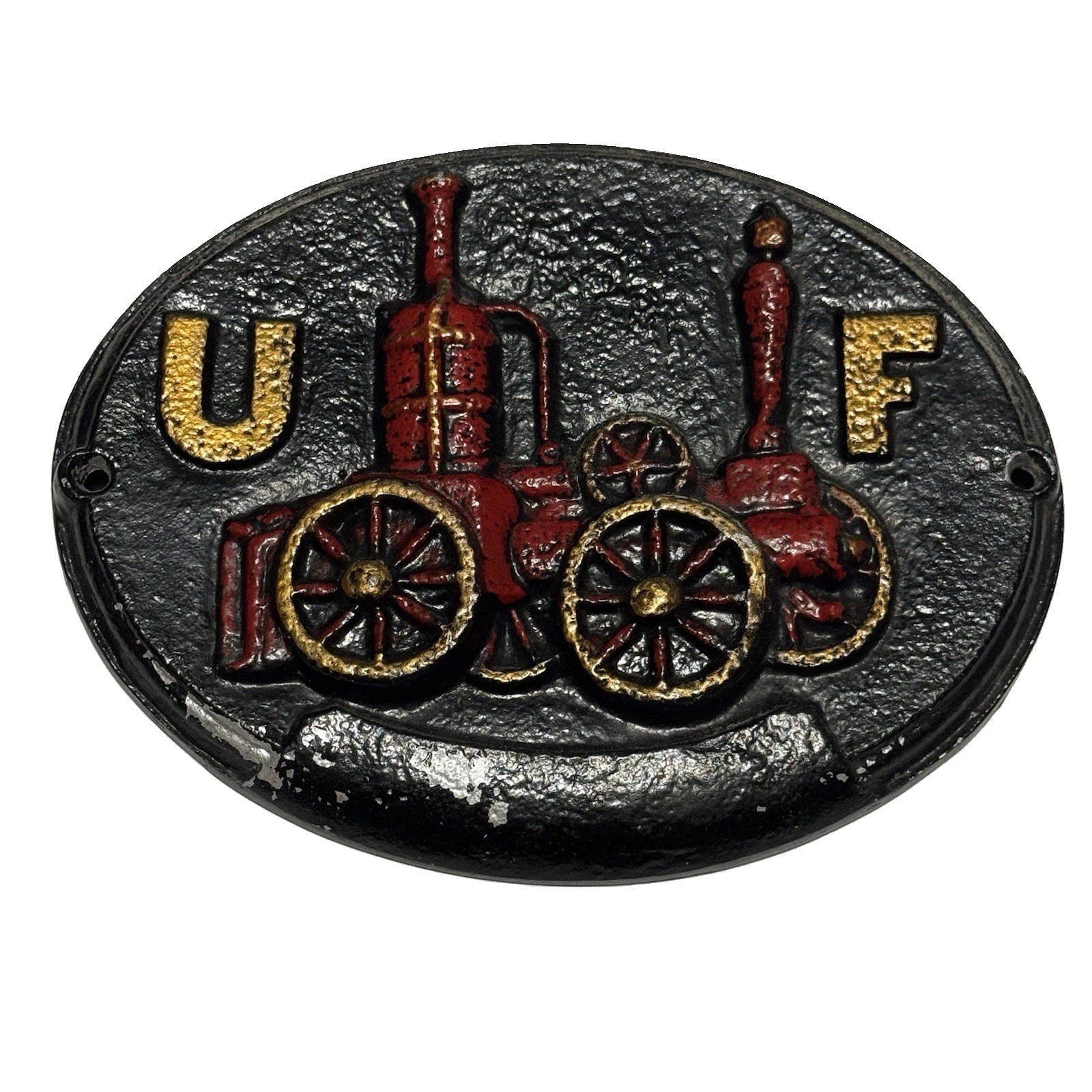 UF Fire Mark Cast Iron Firefighting Plaque Red Gold Fire Engine Collectible UF Fire Mark Cast Iron Firefighting Plaque Red Gold Fire Engine Collectible