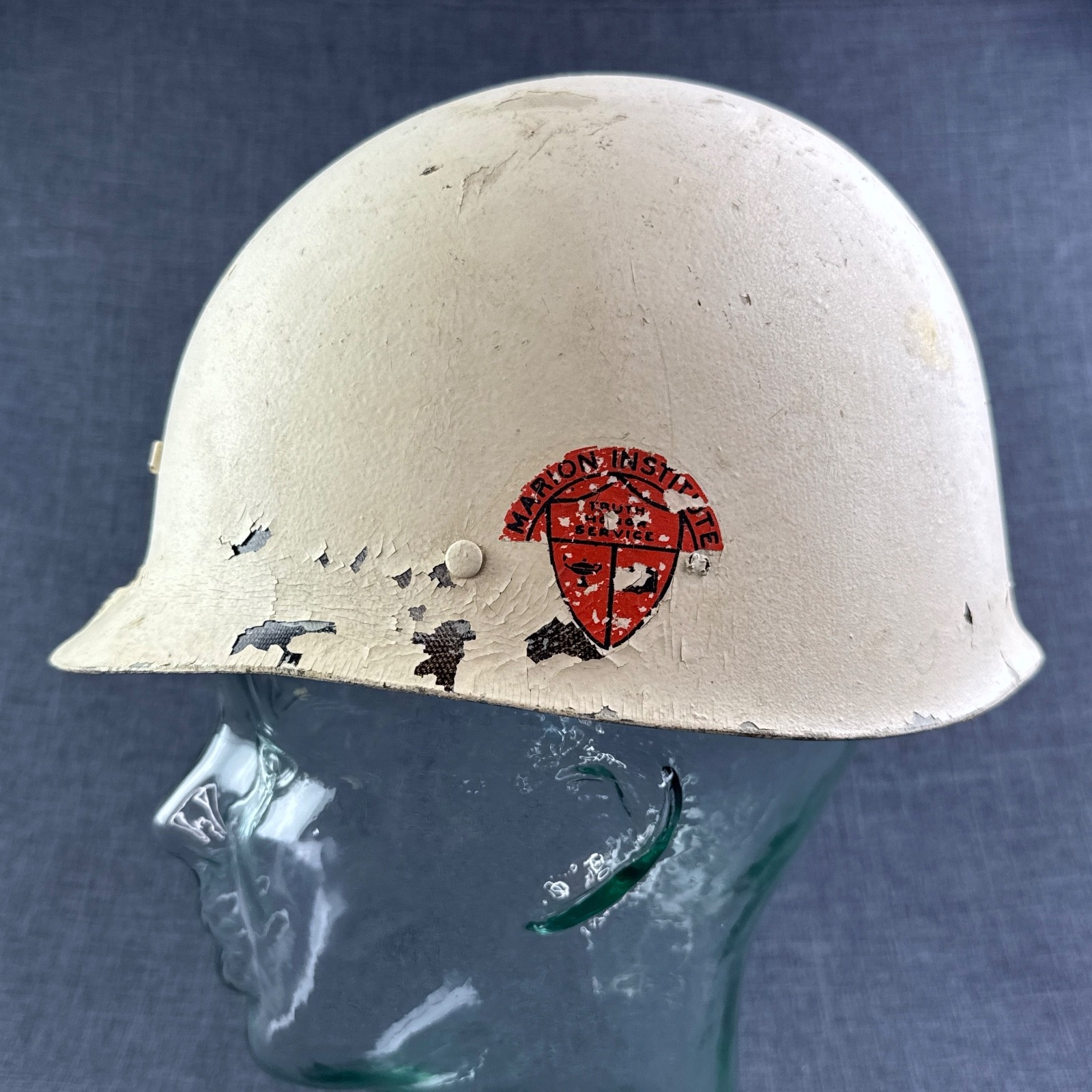 Vtg WWII M1 Helmet Liner Inland Sunburst Marion Military Institute Cadet Painted Vtg WWII M1 Helmet Liner Inland Sunburst Marion Military Institute Cadet Painted