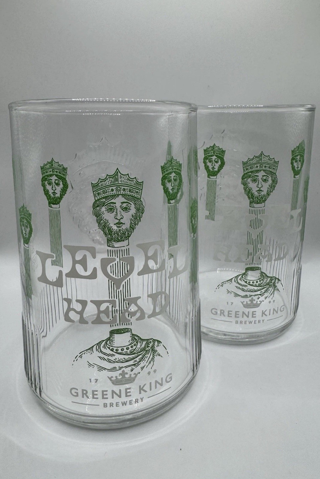 2 x Greene King Level Head Pint Glasses (pair) - Brand New