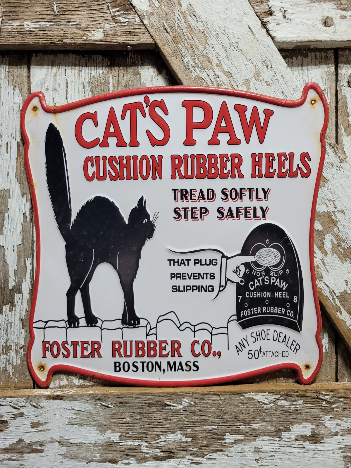 VINTAGE CATS PAW SIGN OLD METAL TIN FOSTER RUBBER SHOE HEELS BOSTON FOOTWEAR 17\