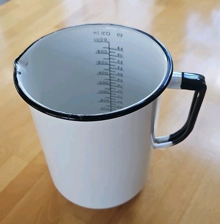 Vintage Enamelware Pitcher White Black Medical Measuring Cup 2000 cc 64 Oz. L@@K