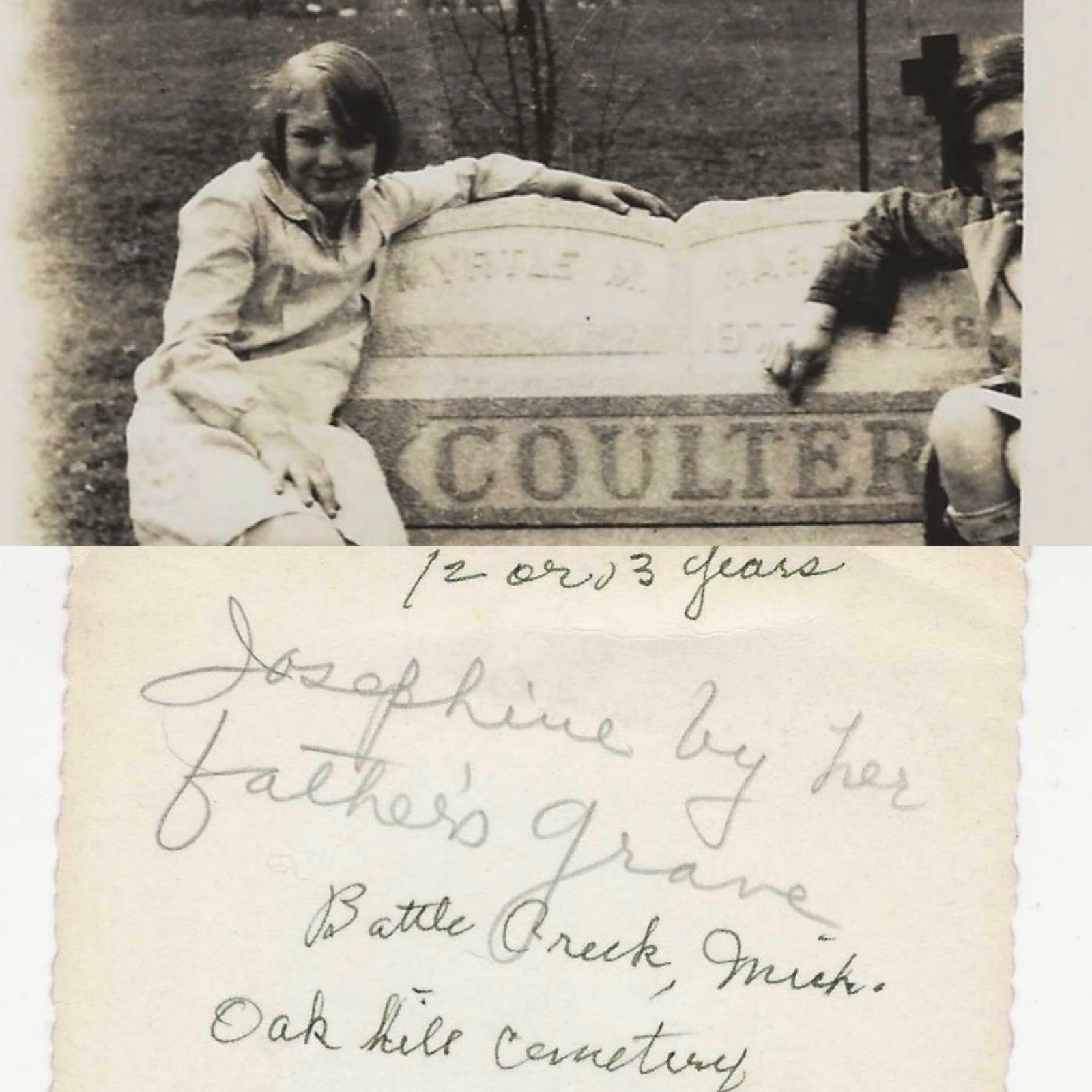 Vintage Photo Girl by her Fathers Grave Battle Creek Michigan Oak Hill Cemetery
