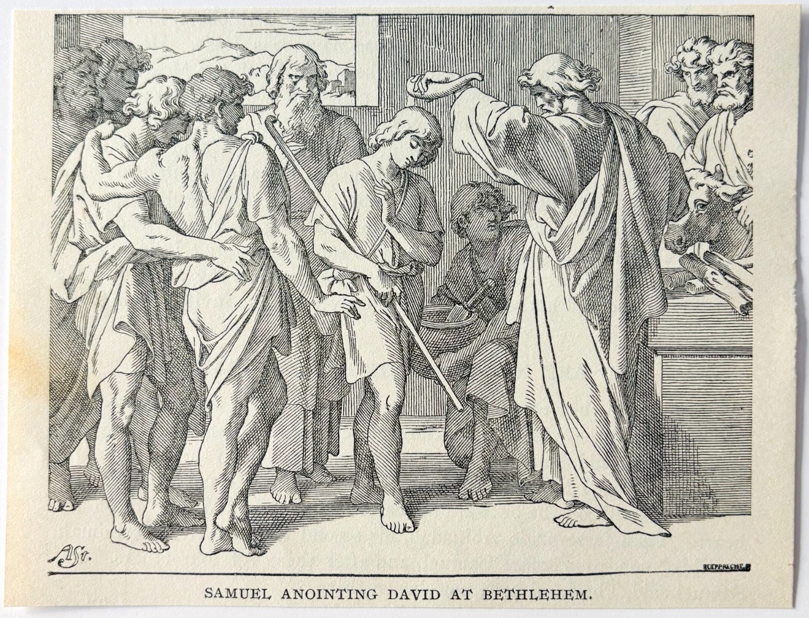 1902 Samuel Anointing David At Bethlehem Wood Engraving Biblical Christian A11D
