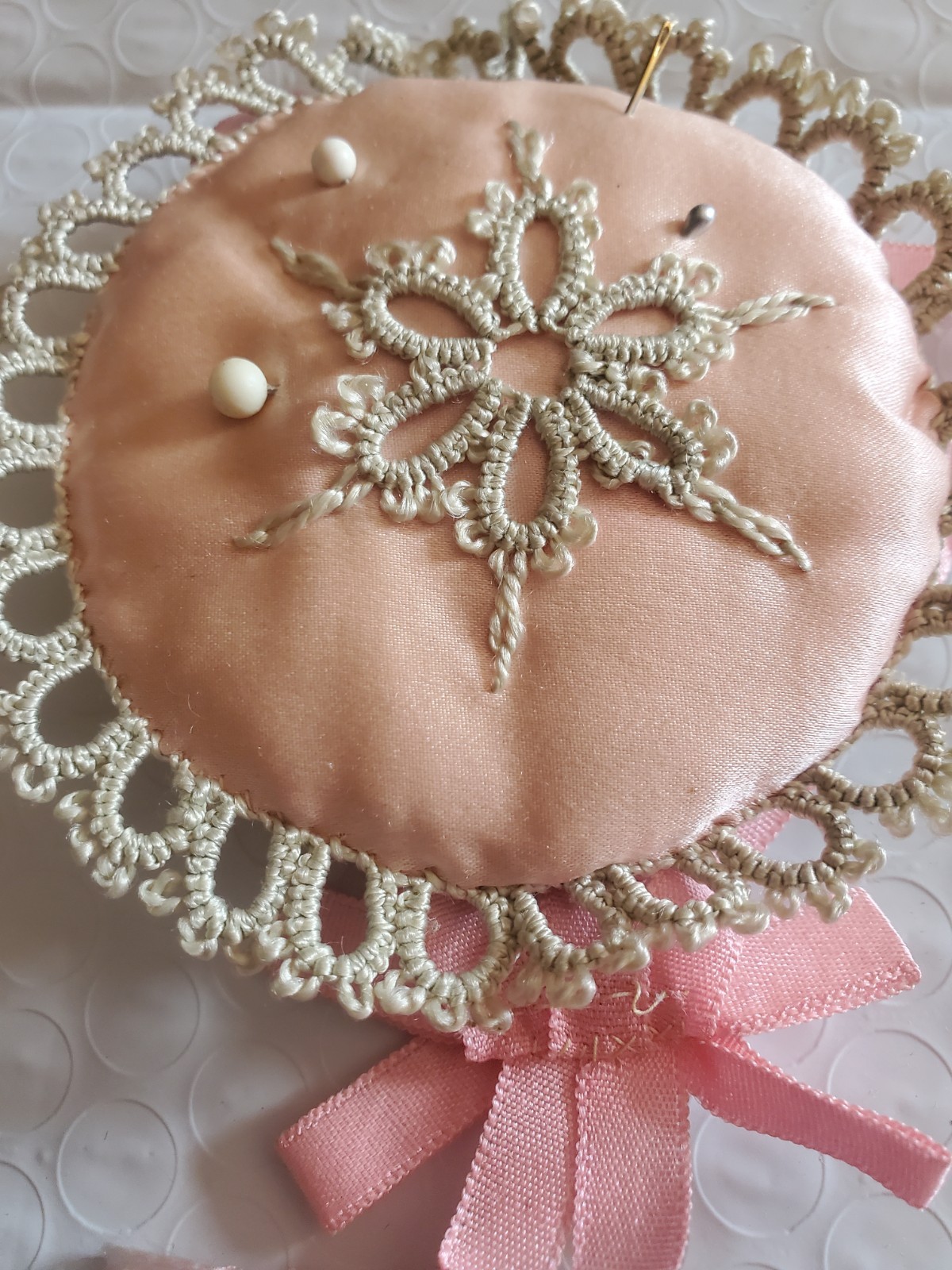 Pink Satin Pincushion Sachet With Handmade Tatting Lance Trim Romantic Victorian