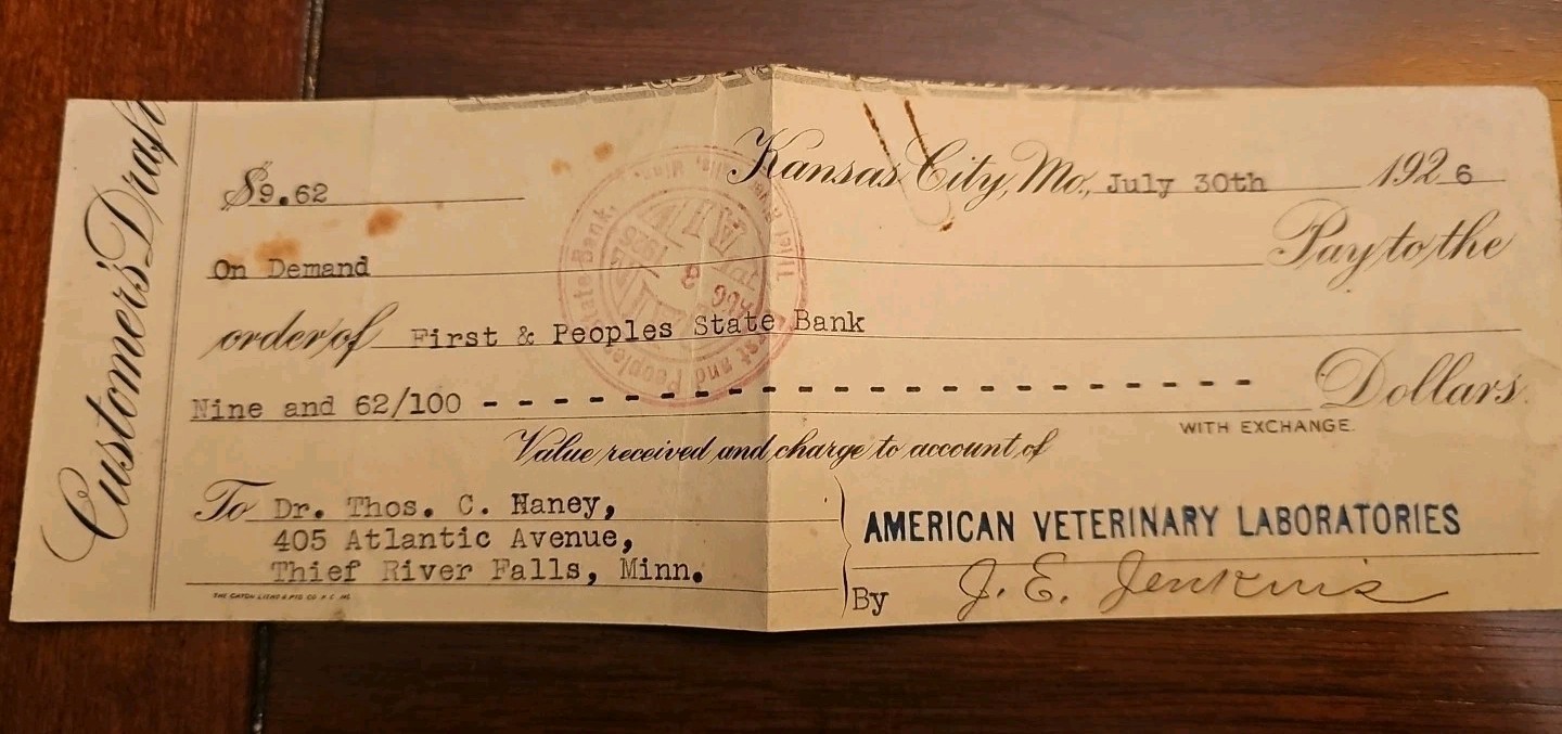 Vintage 1926 American Veterinary Laboratories First & Peoples Bank Check