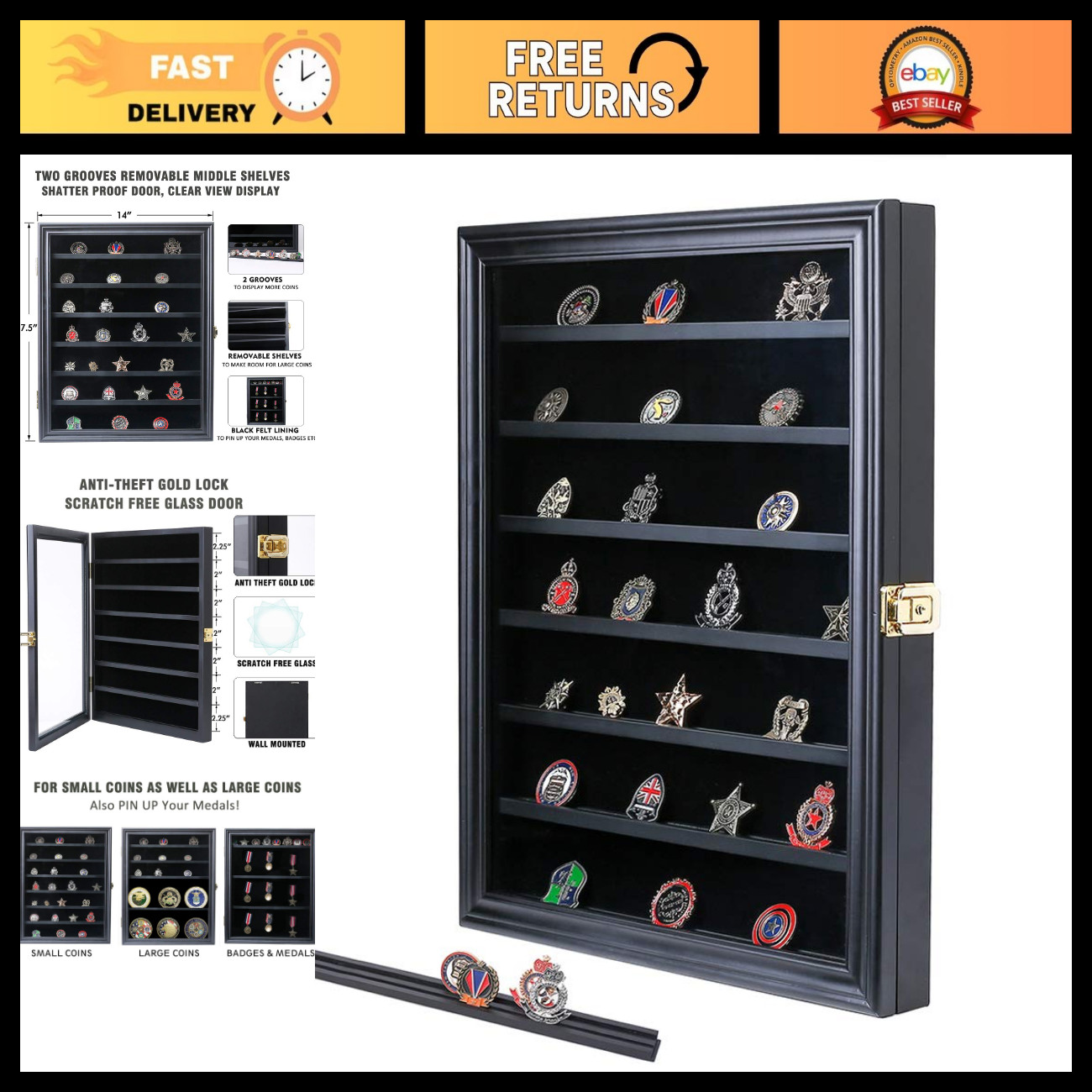 Lockable Wooden Military Challenge Coin Display Case - Cabinet Rack Holder