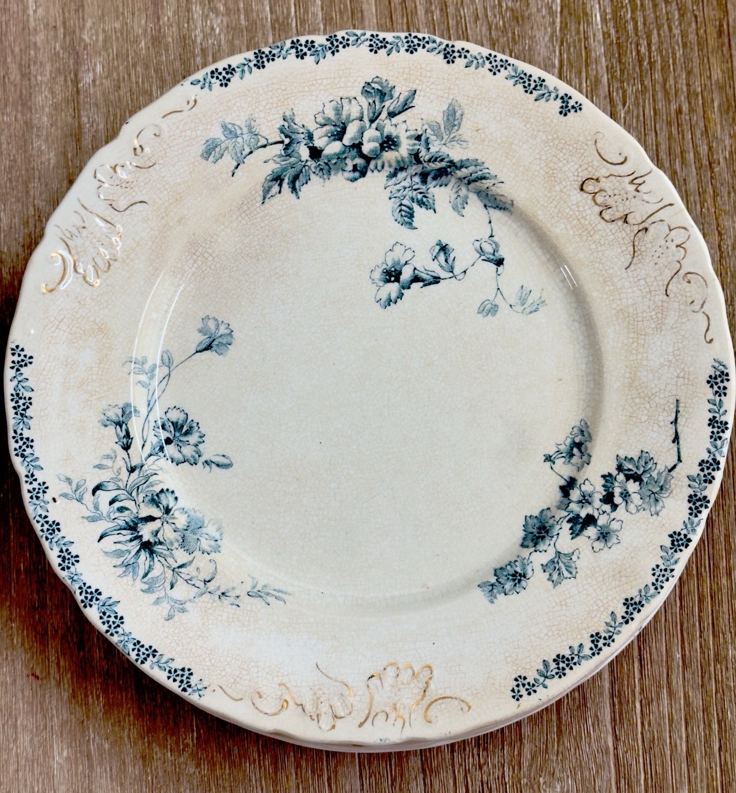 Antique John Edwards MAINE 9 Salad Luncheon Plates Green Transfer Gold Gilt 1890 Antique John Edwards MAINE 9 Salad Luncheon Plates Green Transfer Gold Gilt 1890