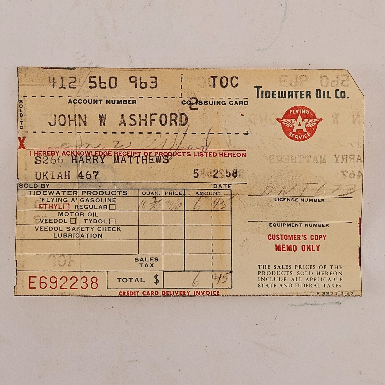 Vintage 1957 Tidewater Oil Flying A Service Gas Receipt Invoice