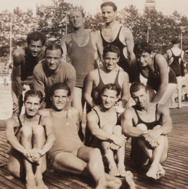 1930s Handsome Men Group Portrait Swimmers Poolside Bathing Suits