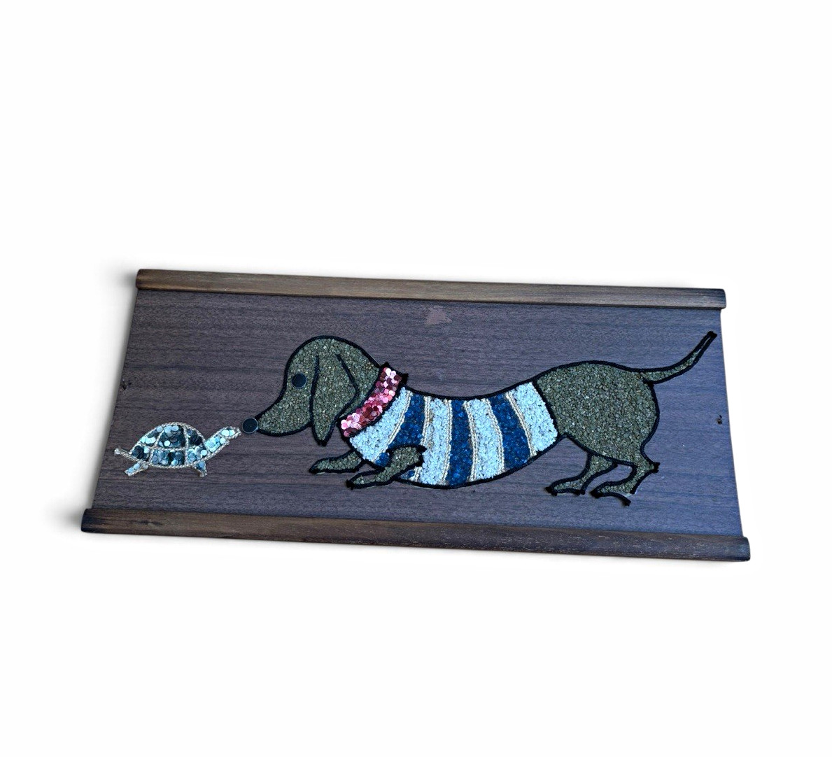 Vtg 1960s Mid Century Gravel Mosaic Art Dachshund Dog Striped Sweater Turtle MCM