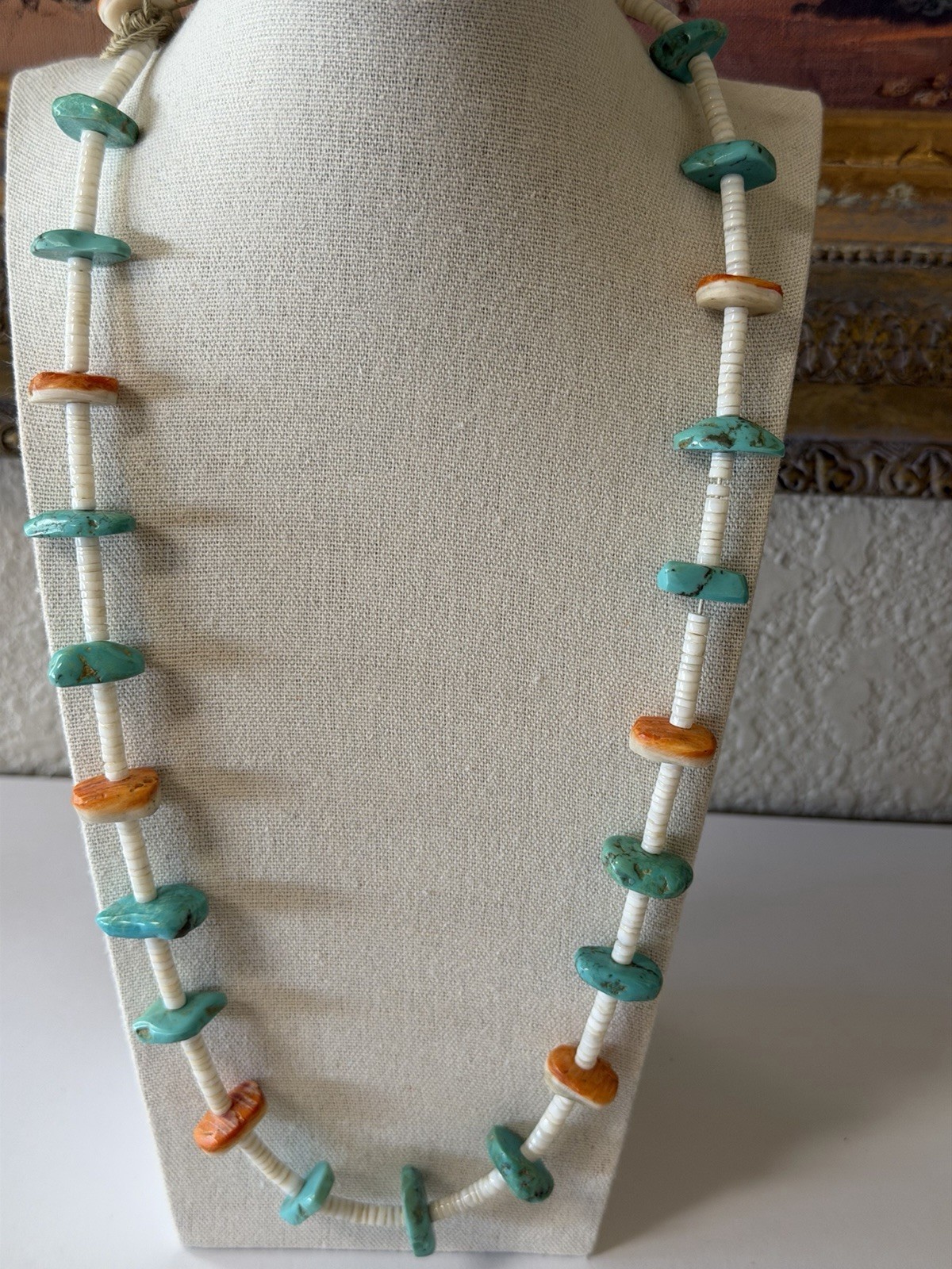Vintage Turquoise & Heishi Shell Bead Native American US Handmade Necklace