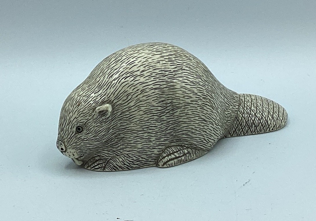 Handcrafted Beaver Figurine Resin Signed CS Made in Canada 4.75” Long EUC