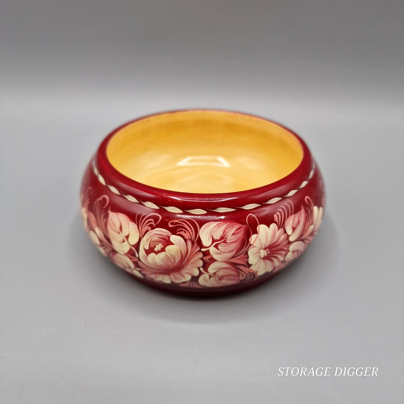 Vintage Red Small Hand Painted Floral Lacquered Wooden Round Dish Trinket Bowl