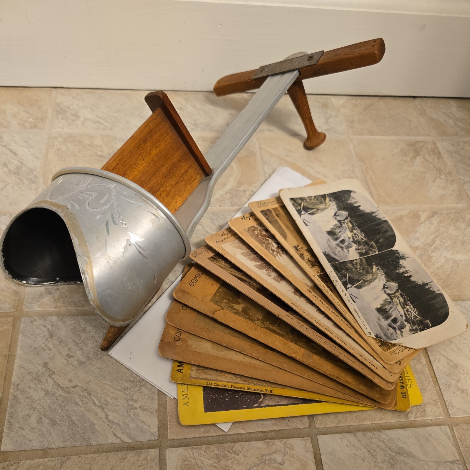 Antique Victorian Edwardian Perfecscope Wooden Stereoscope Viewer & Photographs