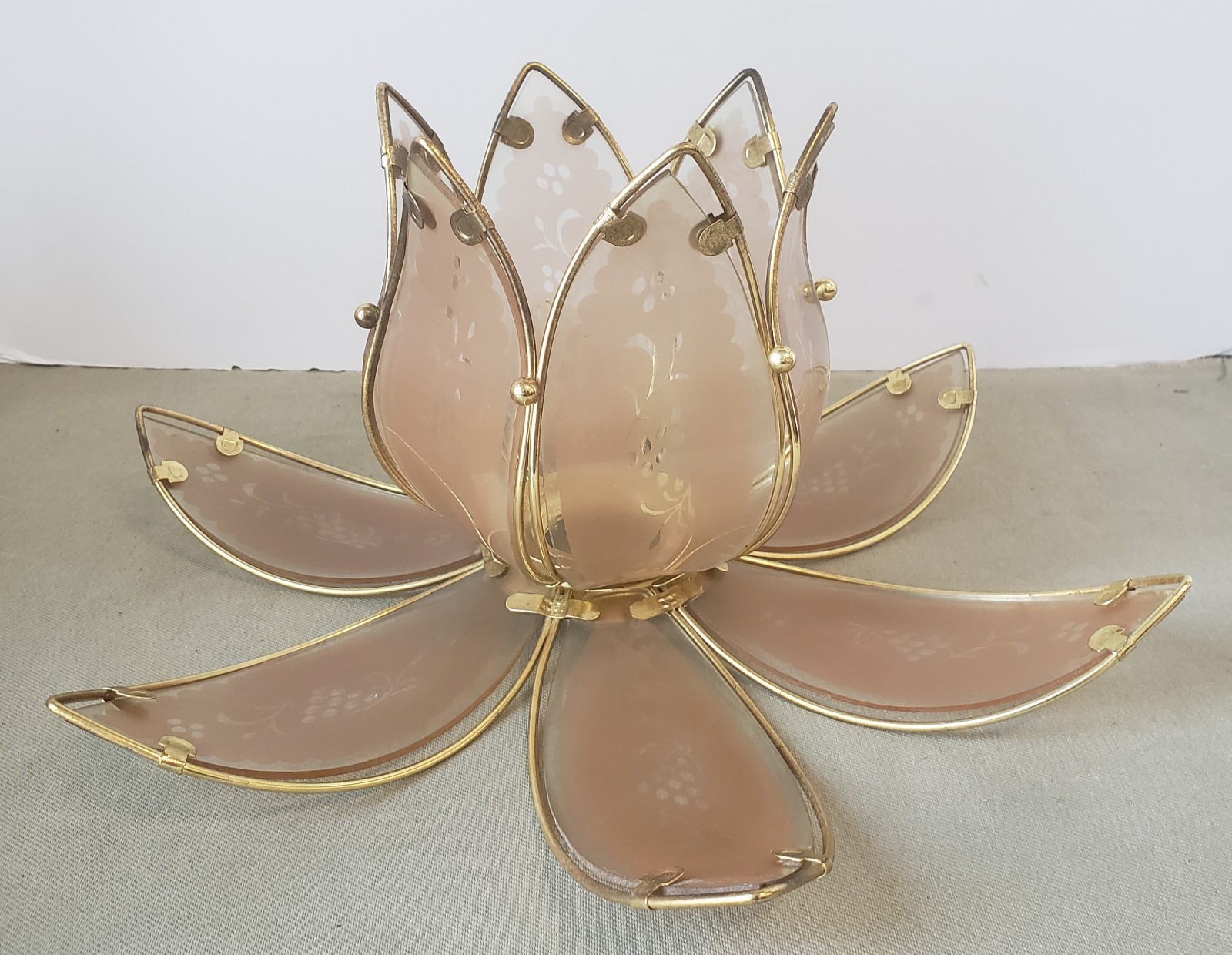 Vintage TWO PIECE Brass Lotus Lamp Blush Glass Petal Shade Etched Floral 