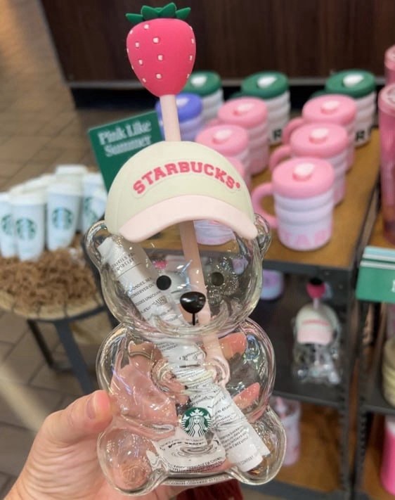 Starbucks Bear Glass Tumbler with Straw Cute Teddy Bear Drinking Cup Pink