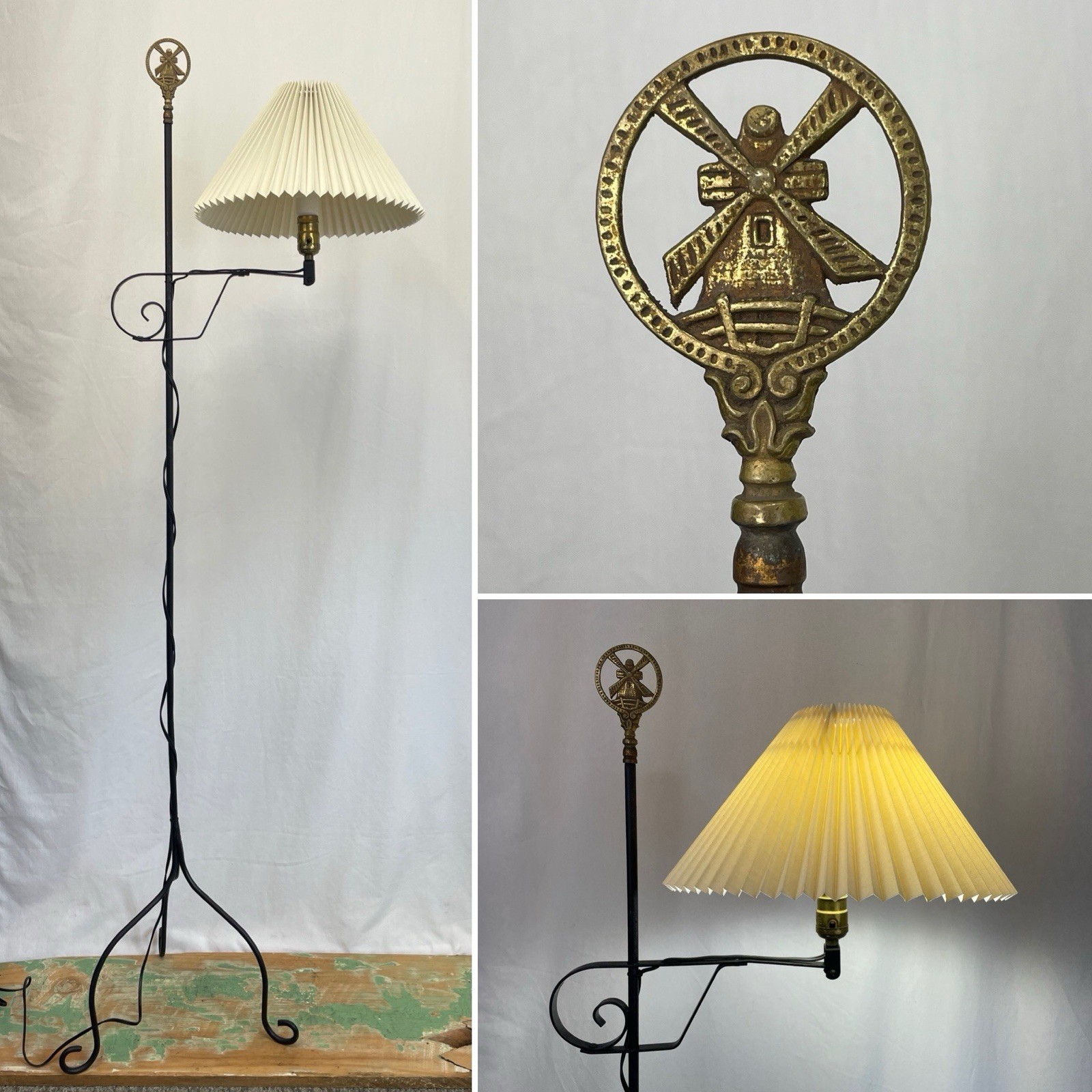 REWIRED Vtg Wrought Iron Brass Amish Floor Lamp Farmhouse Colonial Arts & Crafts