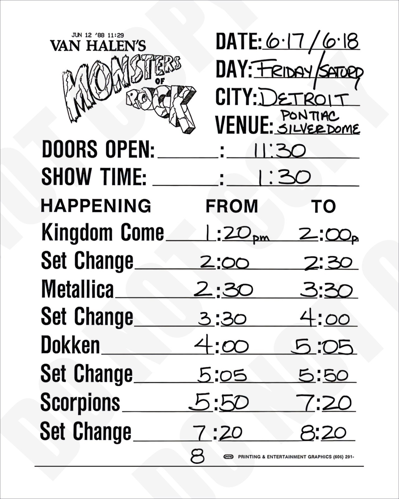 🤘 June 18 1988 Monsters of Rock Concert Pontiac Silverdome Schedule 8x10 Photo