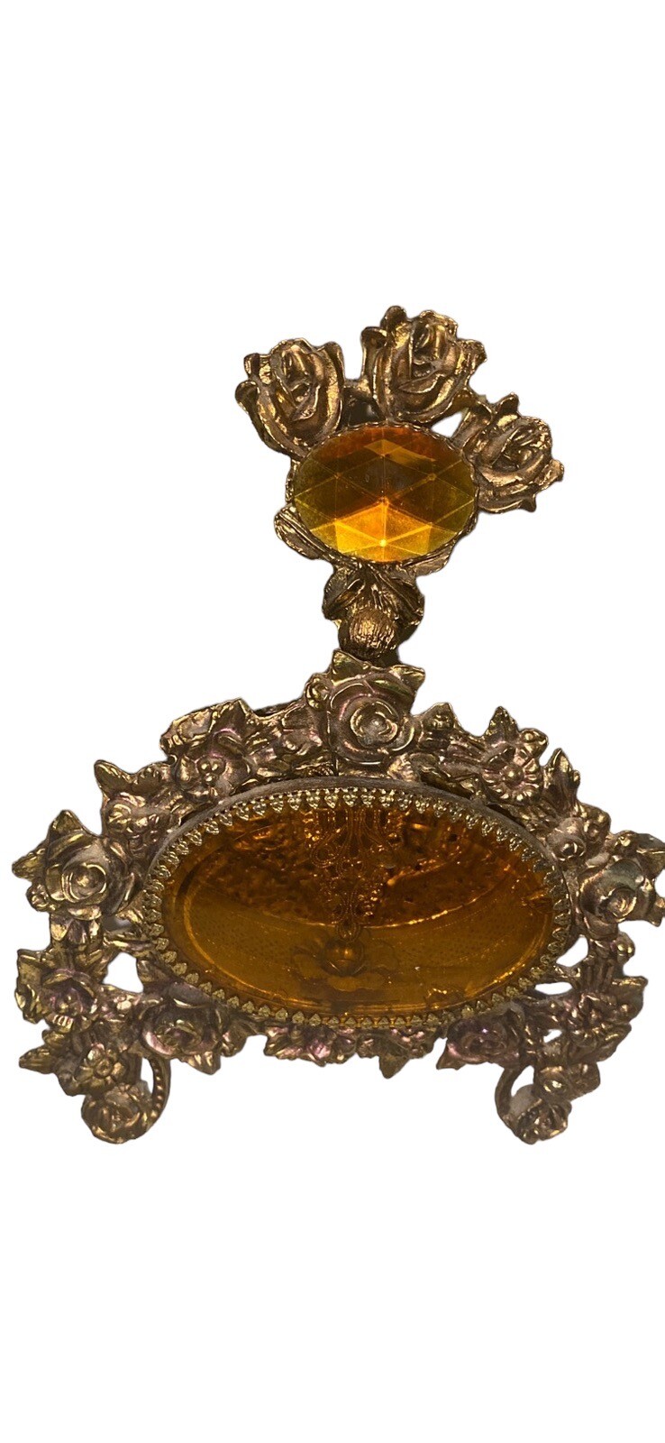 vintage Vanity Perfume Bottle Large 8.5” Amber Glass Goldtone Roses