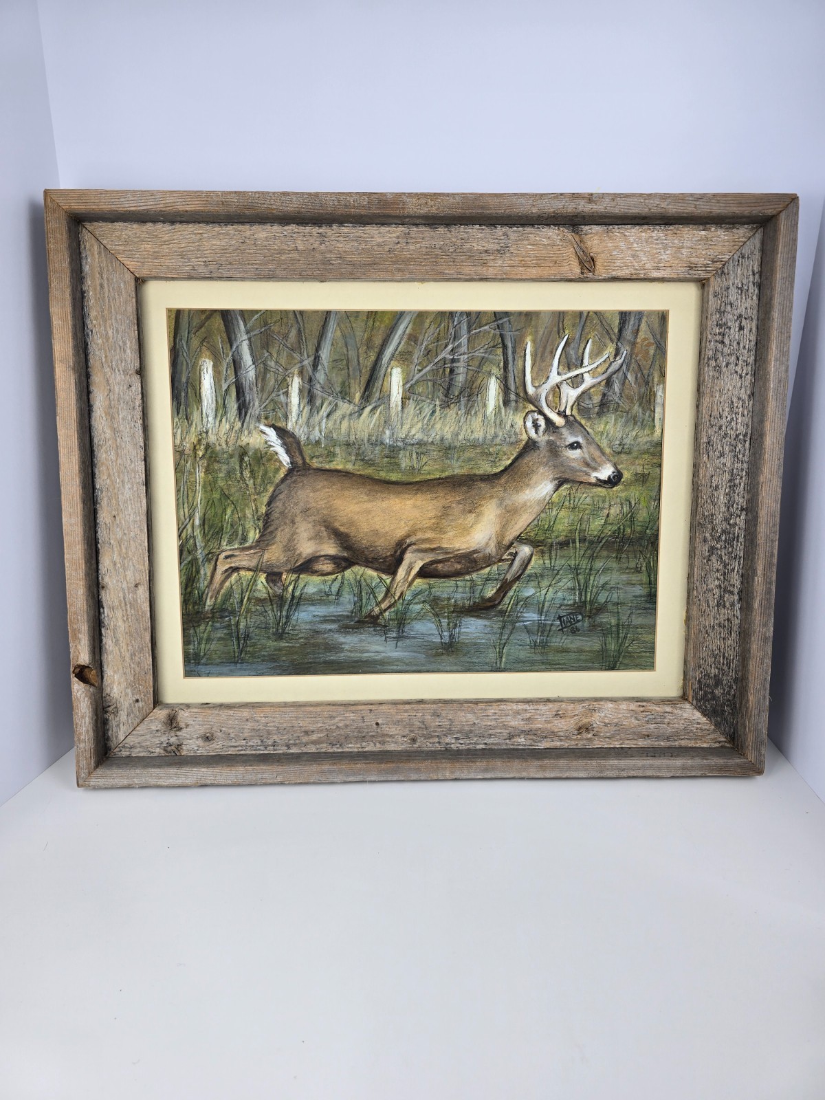 Vintage 1986 Hand painted Whitetail Buck Deer Wildlife  Rustic Wood Frame 23x18