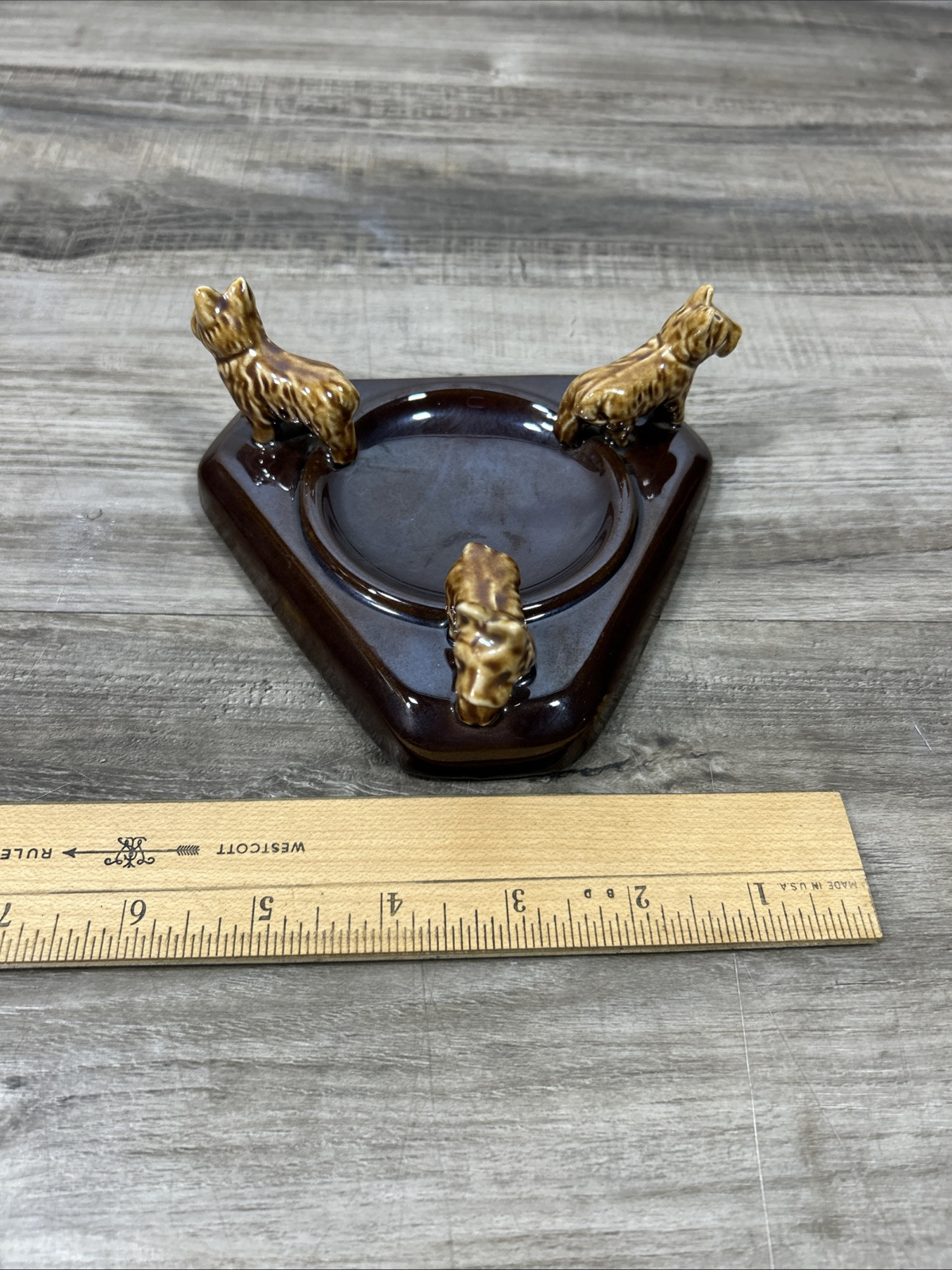 Vintage Trio Brown Scottish Terrier Dogs On A Ceramic Dish Made Occupied Japan