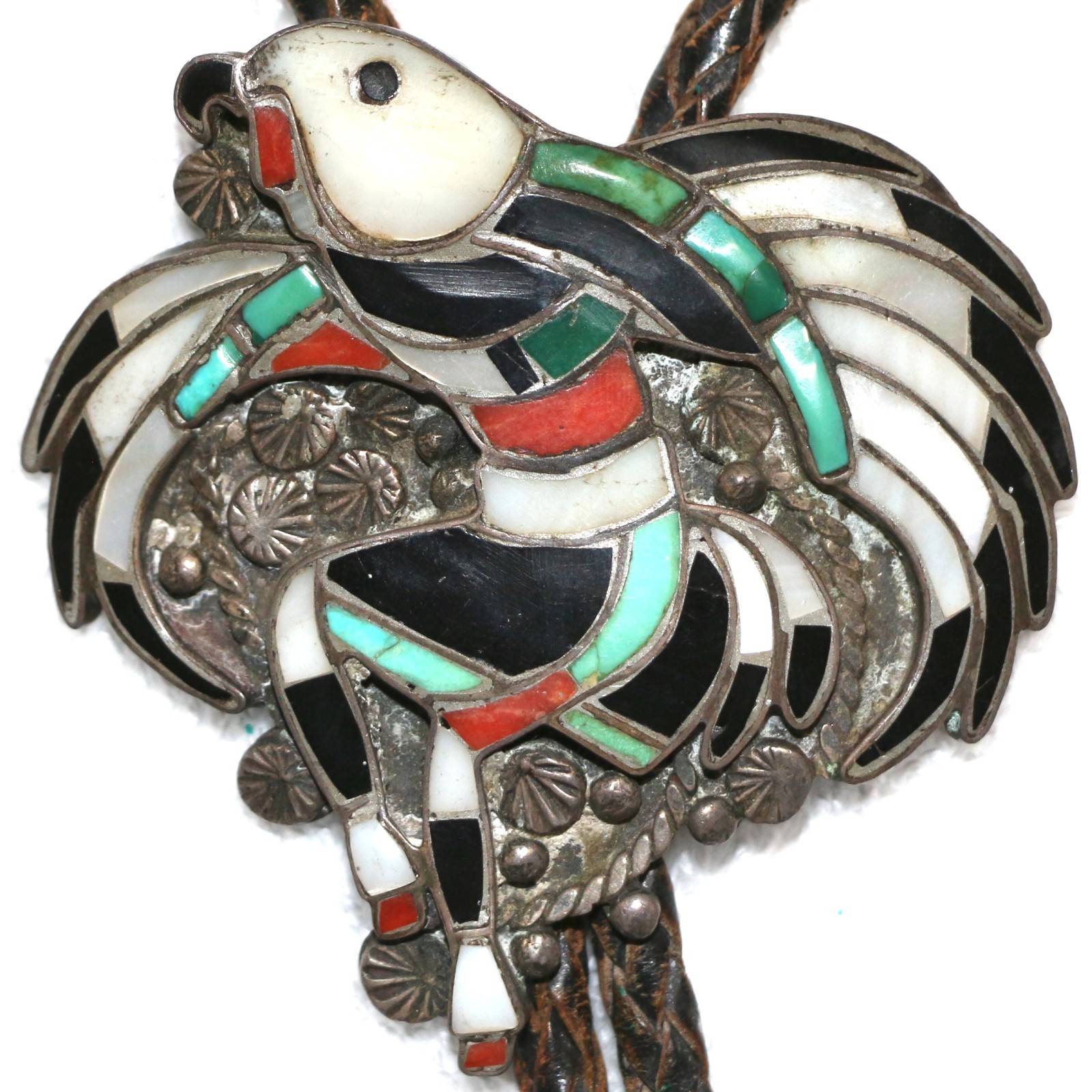 Vintage John Lucio Zuni Sterling Silver Bolo Tie Inlay Eagle Dancer 48g