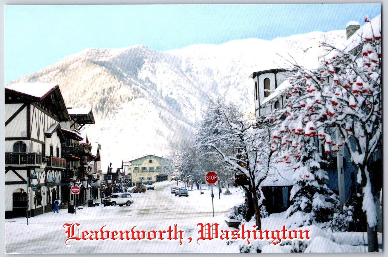 WINTERY STREET SCENE Leavenworth Washington Bavarian Architecture Postcard