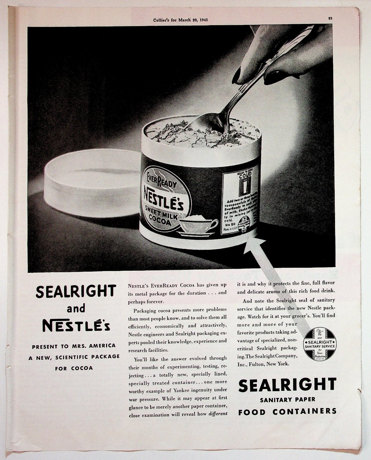 Nestle EverReady 1943 Original Print Advertisement Sealright Cocoa 10x13