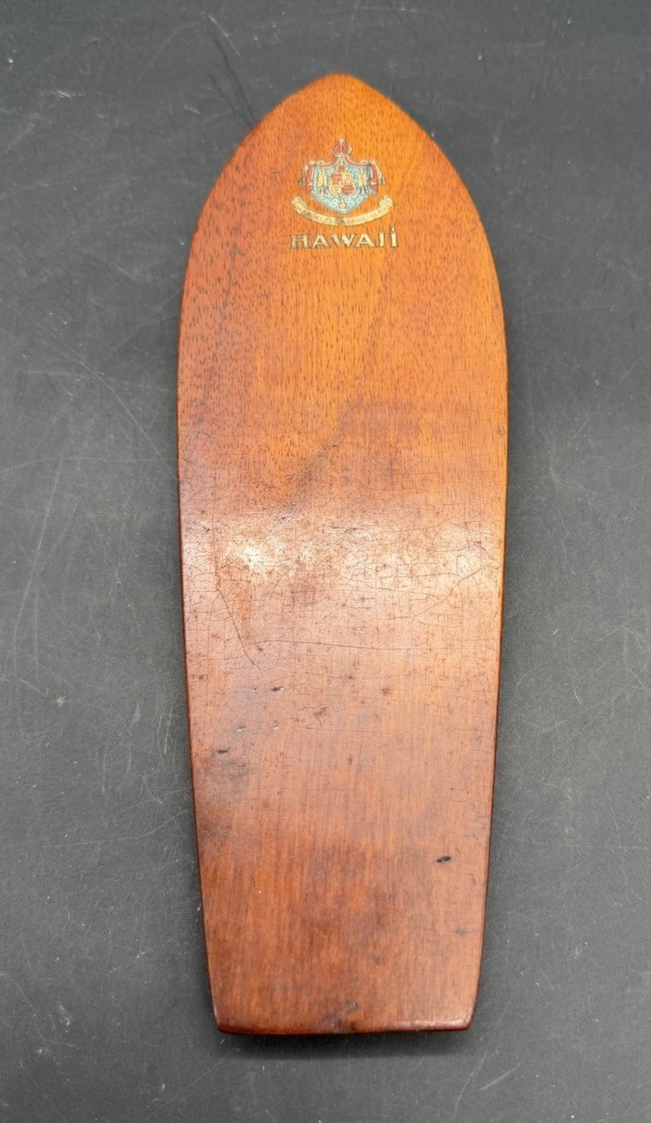 Vintage 1920’s Hawaii Miniature Koa Wood Surfboard with Coat of Arms Decal 9.25