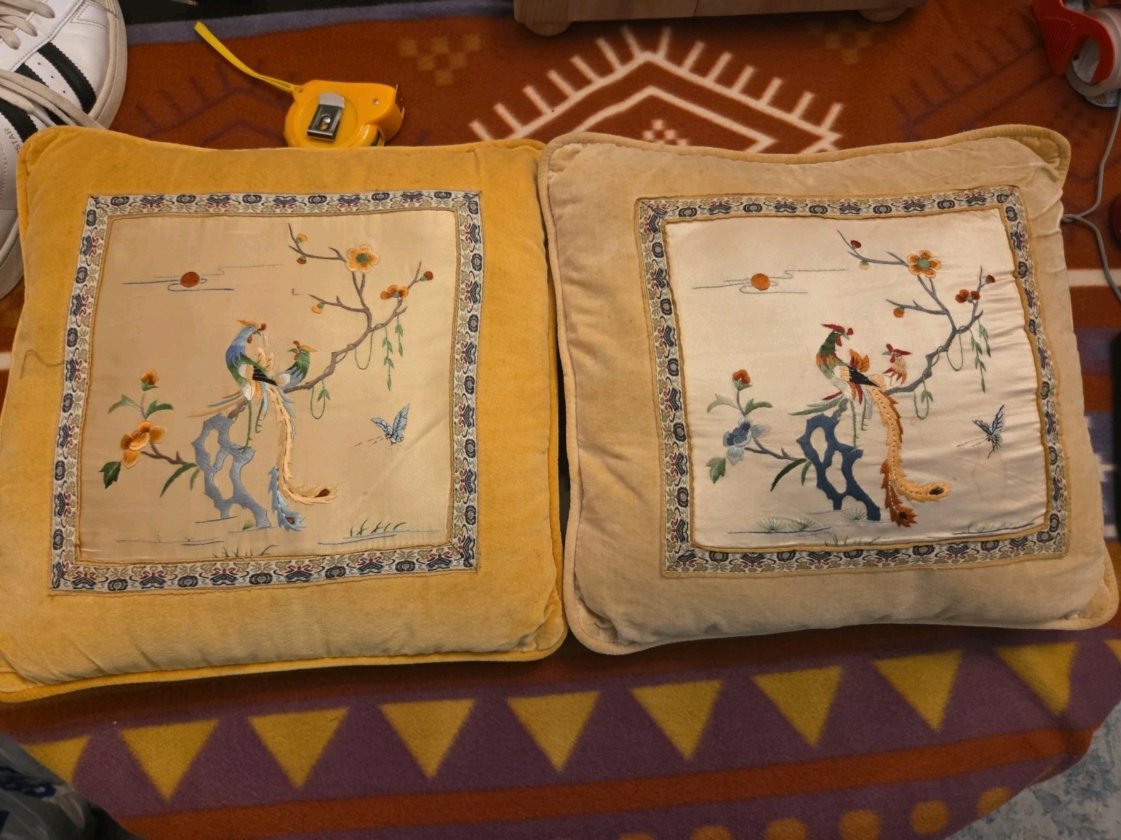 2-Vintage Asian Embroidered Silk Pillows With Peacocks Chinoiserie 13\ 2-Vintage Asian Embroidered Silk Pillows With Peacocks Chinoiserie 13\