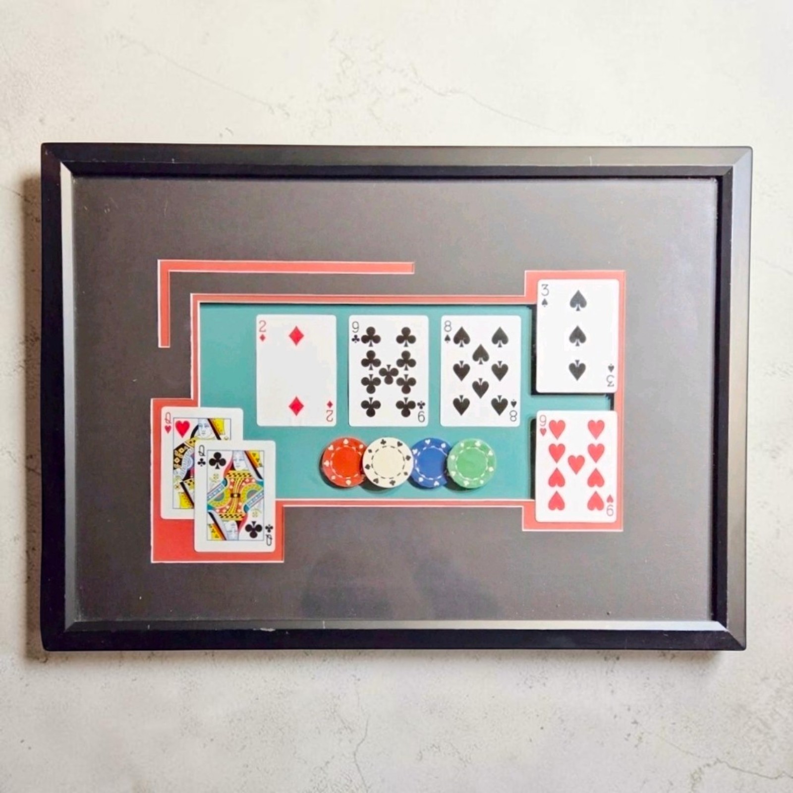 Vintage Framed Poker Gambling Wall Art Shadow Box Casino Game Room Cards & Chips
