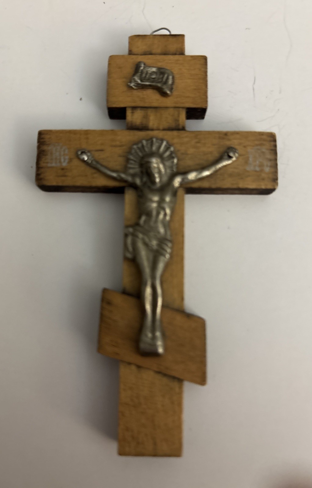 Vintage Russian Orthodox Wall Cross Wood Metal Corpus 3 Bar Crucifix IC XC 3.5”