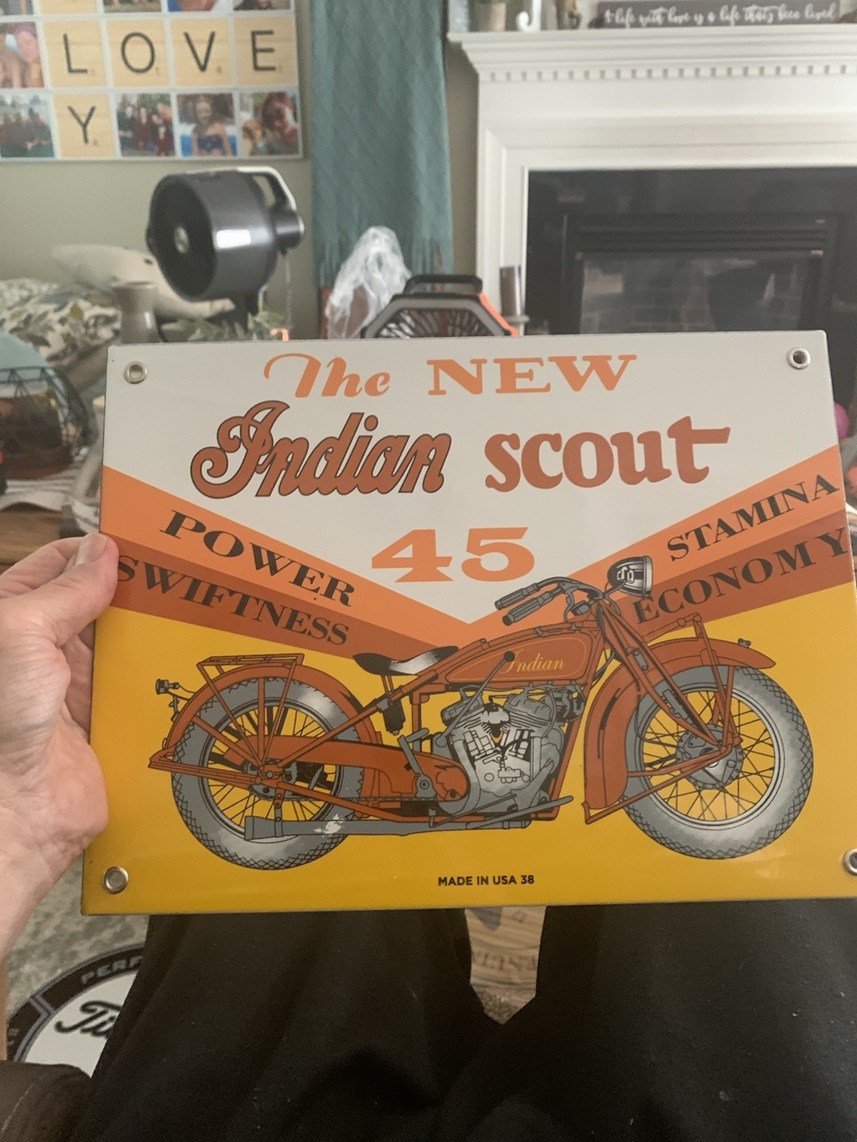 VINTAGE 1938 INDIAN SCOUT MOTORCYCLE PORCELAIN DEALER SIGN