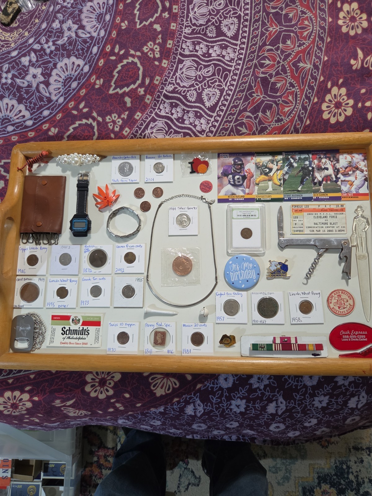 Vintage Junk Drawer With US Silver Quarter, Militaria, And Sports Cards Vintage Junk Drawer With US Silver Quarter, Militaria, And Sports Cards