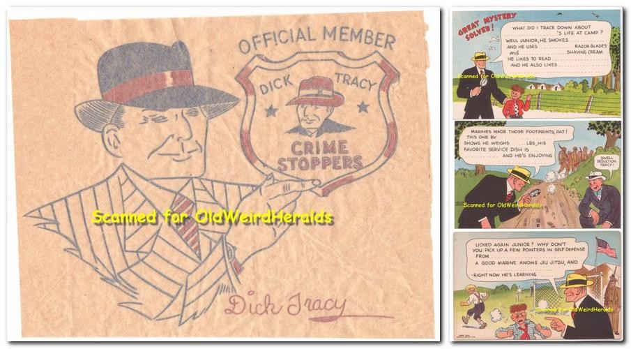 DICK TRACY PREMIUMS LOT(4) IRON ON, POSTCARDS 1930-40s CHESTER GOULD COMIC STRIP