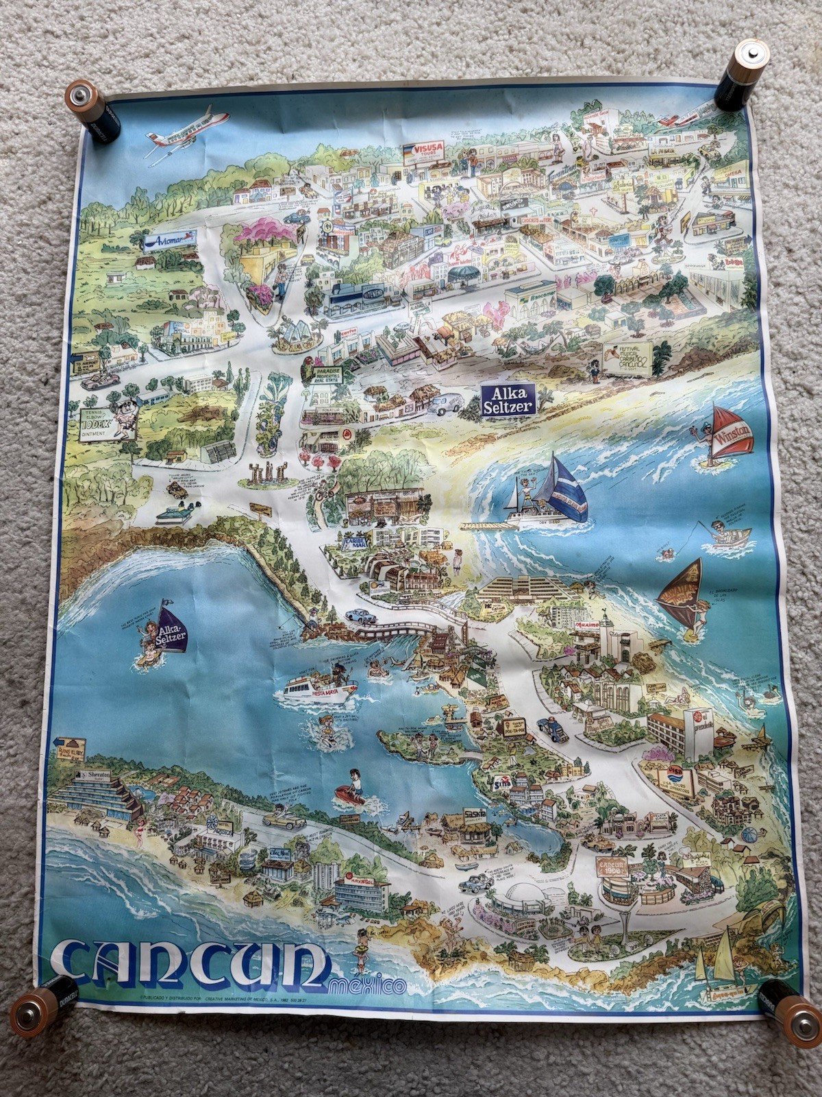 USED advertising Cancun Vintage Souvenir Map vertical Poster Cartoon 1980s