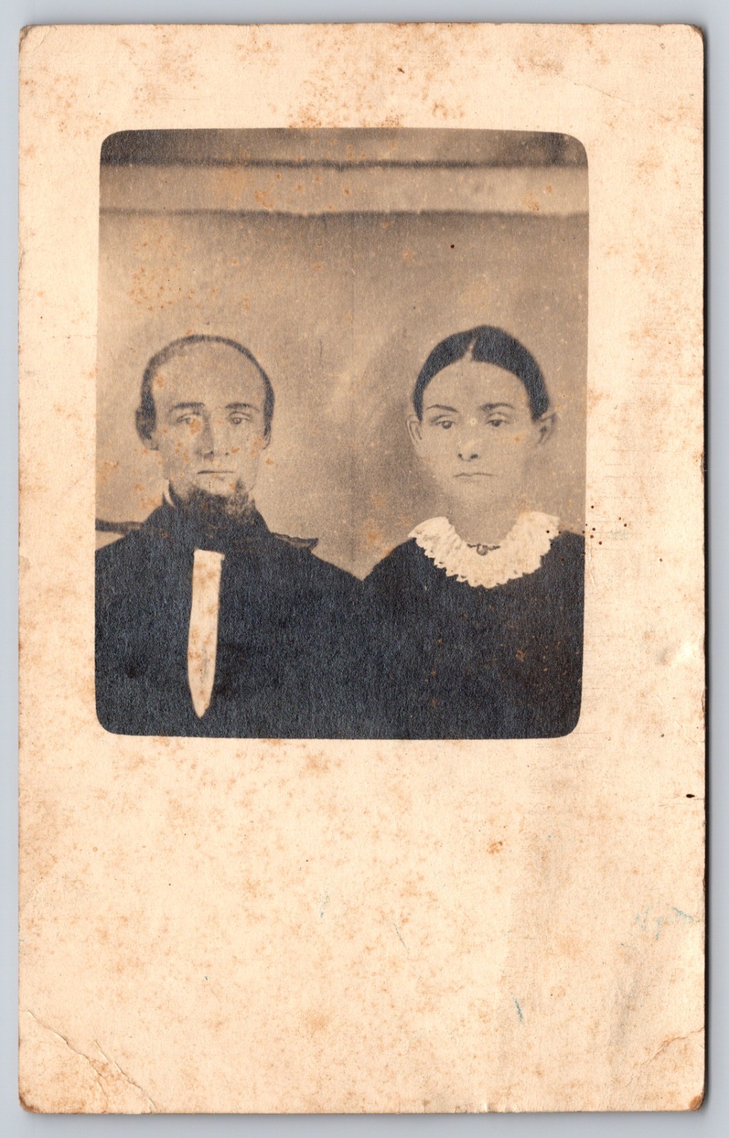 Antique Portrait Photo Of Man With Chin Beard & Woman With Lace Collar RPPC