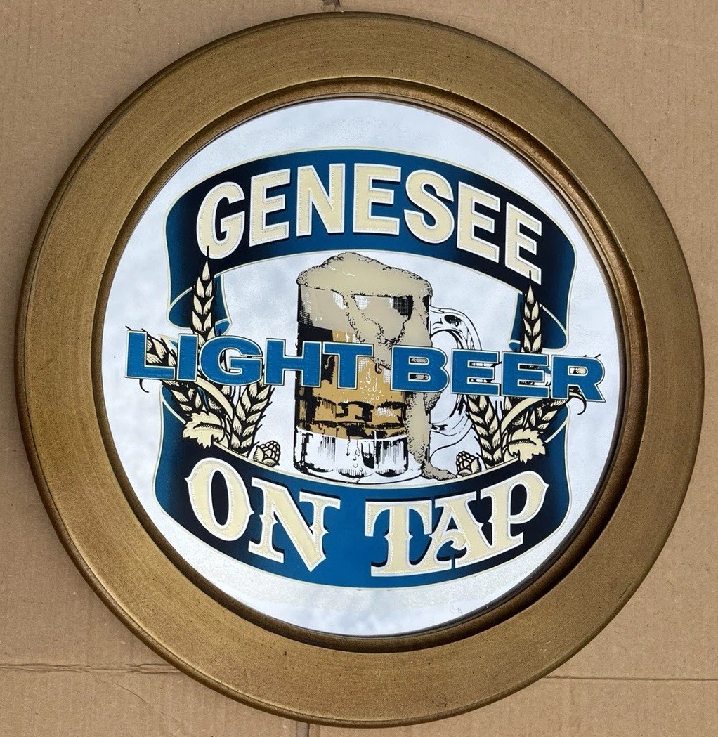 Vintage Genesee Light Beer Round Advertising Bar Mirror Brewiana Mancave Sign