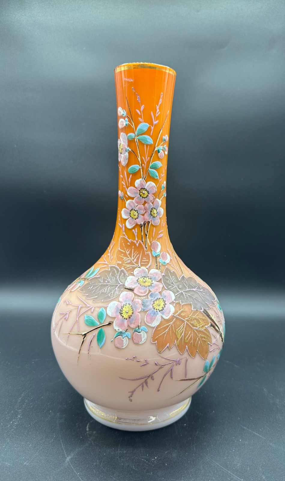 19th Century Harrach Czech Opaline Vase Hand Enameled- Bohemian