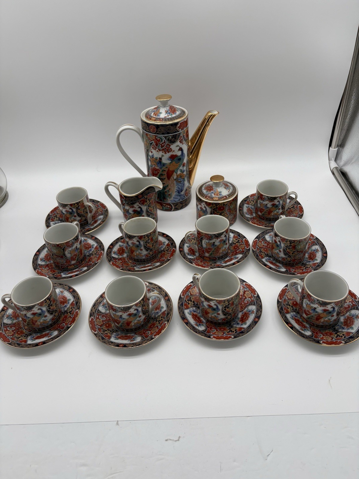 Japanese Imari Style Porcelain Demitasse Coffee Set Peacock Motif Japan Set of25