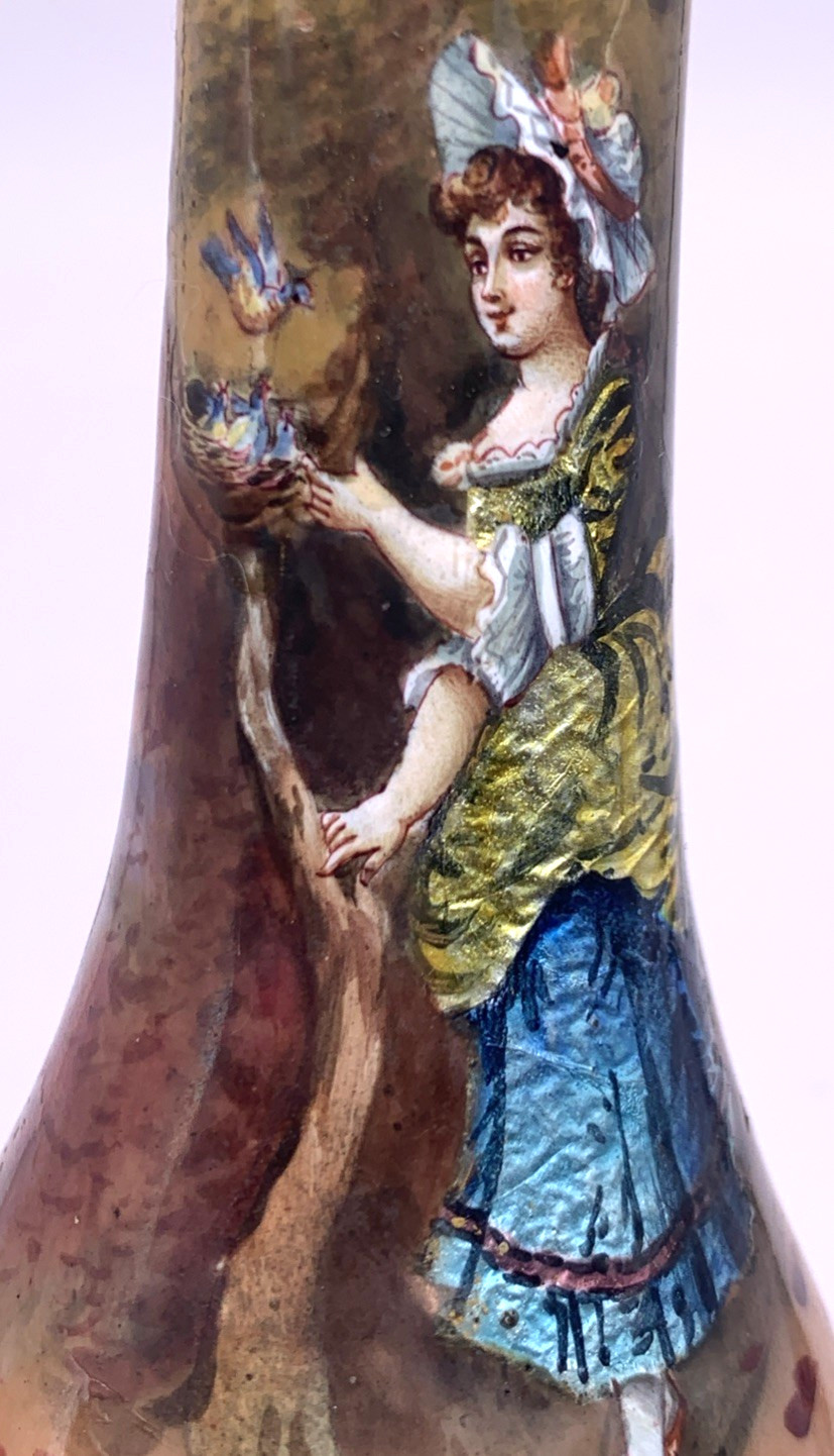 French Hand Painted Foil Copper Enamel Vase Signed Bird 4.75\